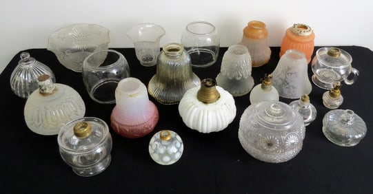 A group of 19th C. Light Shades & Oil Lamp Parts, Founts, etc.
