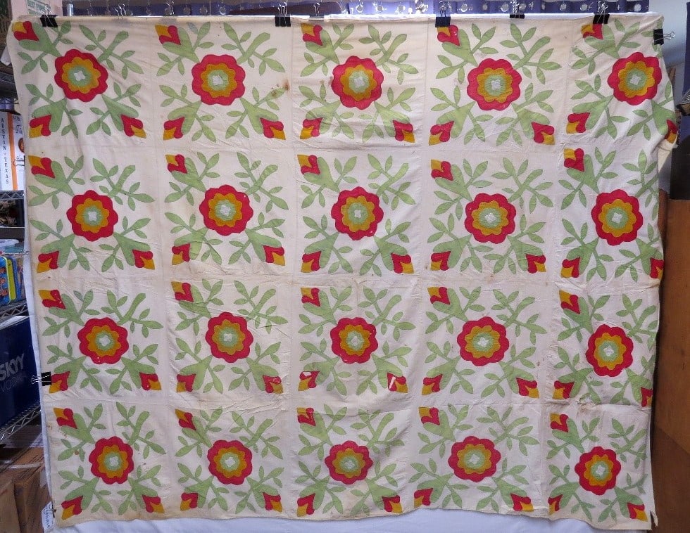 19th C. Kentucky Rose or Whig Rose Hand Stitched Cotton Spread (1 of 12)