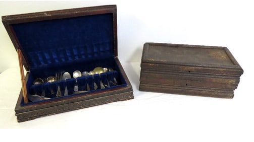 Silver Chest w/Misc. Silverplate & 2 Compartment Wooden Chest