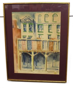 Mid Century Watercolor of Buildings Signed CZL