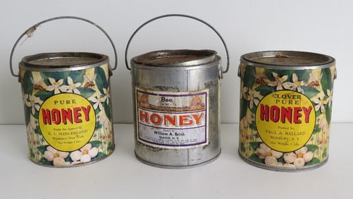 Lot of 3 NYS Honey Can's from Glasco, Roxbury & Westtown NY Bee Keepers