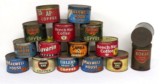 16 Vintage 1lb Coffee Cans - Beech Nut, Maxwell House, Ehlers, Savarin & More