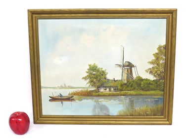Dutch Painting of Windmill & Water Signed 20th C.