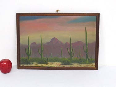 Early 20th C. O/B Arizona Desert At Sunset Saguaro Cactus Signed
