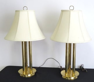 Pair of Brass 3 Column Mid-Century Table Lamps