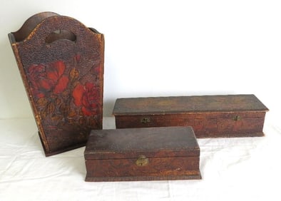 Art Nouveau Era Pyrography Basket & Glove / Storage Boxes