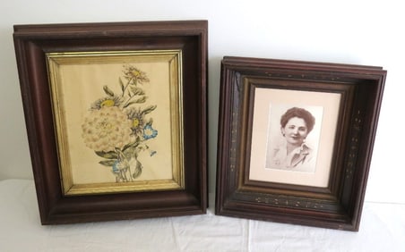 Two Victorian Deep Set Walnut Picture Frames w/Watercolor & Portrait