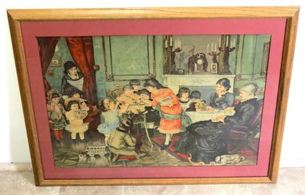 Victorian Framed Lithograph - The Birthday Party - McLoughlin Bros?