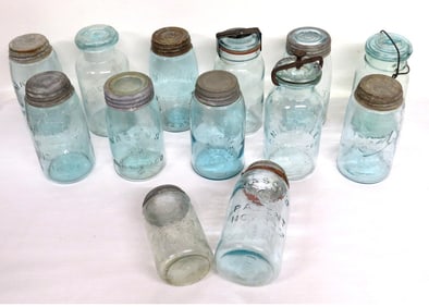 Lot of 13 American Fruit Jars - Millville Atmospheric's, Mason's Patent, Climax, Pettit & more