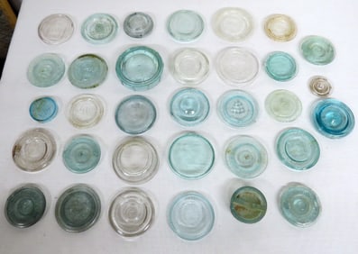 Lot of 33 American Fruit Jar Lids - Millville's, Queen, Hartell, Kline, & More