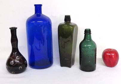 Lot of 4 Classic 19th C. Blown Bottles in Cobalt Blue, Amethyst, Green & Olive
