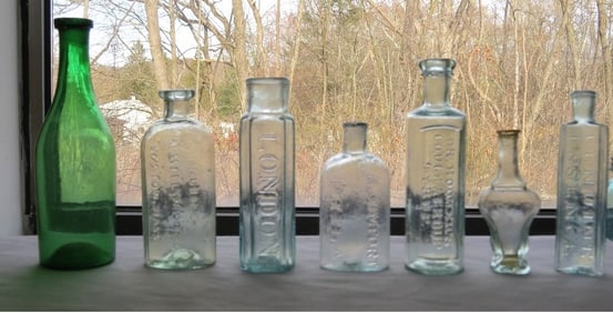 A Group of Seven Early American Pontiled Bottles - Medicines, Mustard, Cologne, Etc.