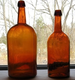 Two Orangey Yellow Amber American Blown Demijohns - One w/Rare Base!