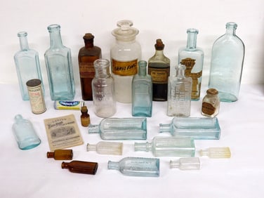 A Table Lot of 1880-1920's Blown Medicines & Pharmacy / Apothecary Bottles