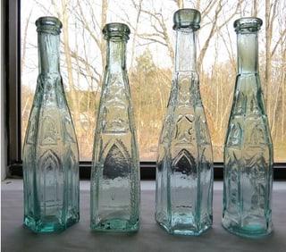 Four c.1850-70's Era Gothic Cathedral Pepper Sauce Bottles Incl. Iron Pontiled