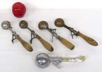 A Lot of 5 Antique Ice Cream Scoops Incl. Gilchrist, Peerless & New Gem