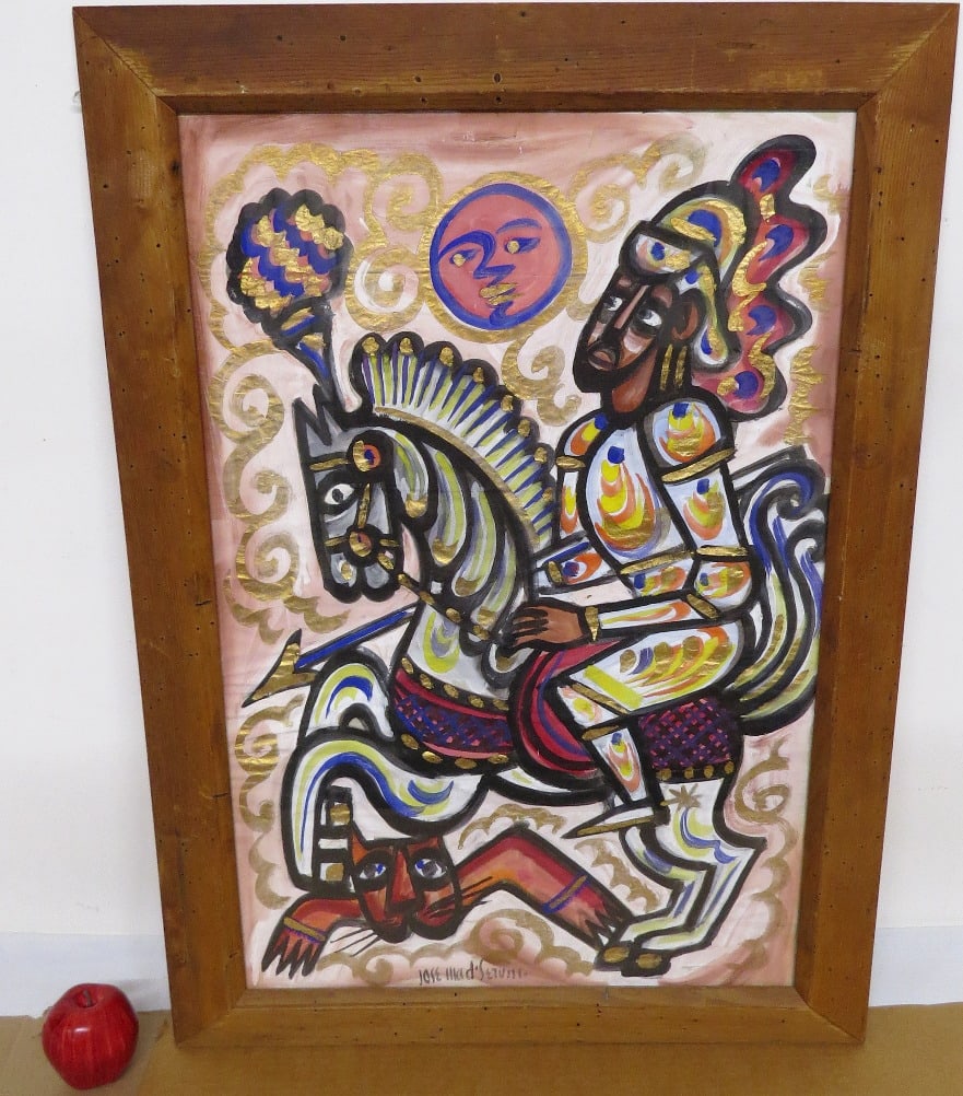 Jose' Maria De Servin (Mexican 1917-1983) St. George Slaying the Lion: Jose Maria De Servin (Mexican/American 1917-1983) Watercolor on light tissue like paper of St. George slaying the Lion. Set in a wormwood frame measuring 25.25" x 35.5" in height. All 3 pieces in this