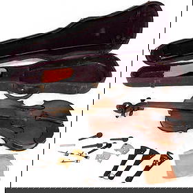 Antonio Stradivarious Violin Copy In Case: Late 19th C. Antonio Stradivarius violin copy w/label, extra parts found in the case, includes original bow. Note - This lot can be shipped in-house, you do not have to use the LiveShipping program.