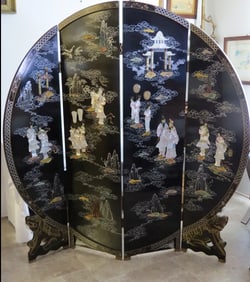 A 4 Panel Black Lacquered Chinese Folding Screen