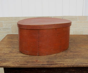 19th C. Oversized Oval Pantry Box In Old Reddish Salmon Paint