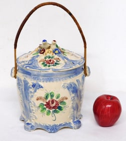 A Vintage Japanese Majolica Wicker Handled Biscuit or Cookie Jar w/Bird Finial Lid