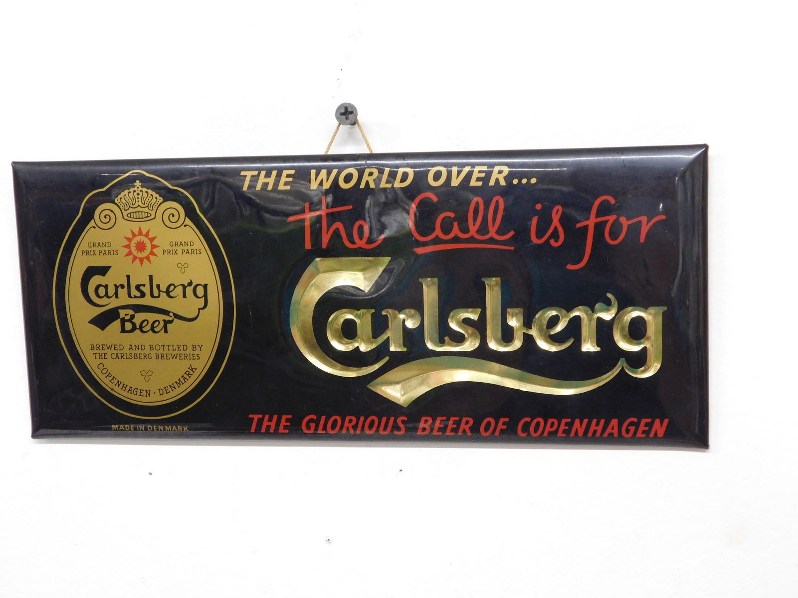 Late 1940's Danish "The Call is for Carlsberg Beer" wall sign or bar plaque (1 of 4)
