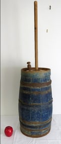 Primitive 19th C. Wooden Staved Churn in Old Blue Paint