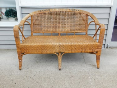 A MCM Heywood Wakefield Style Herringbone Wicker Settee