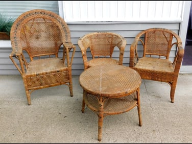 A Group of MCM Heywood Wakefield Style Herringbone Wicker Chairs & Table