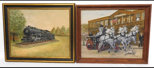 Pr. Of Mid-Century O/B Fire House & Rock Island Locomotive by R.W. McCoy