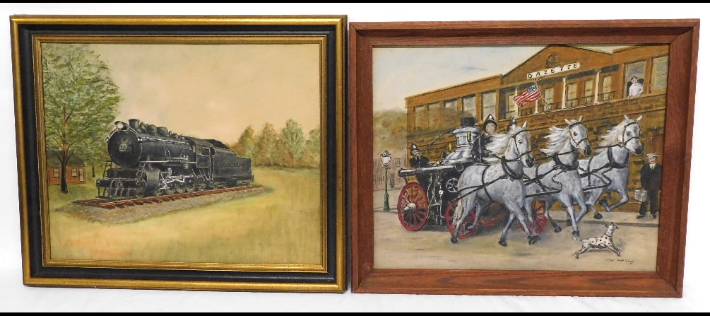 Pr. Of Mid-Century O/B Fire House & Rock Island Locomotive by R.W. McCoy (1 of 9)