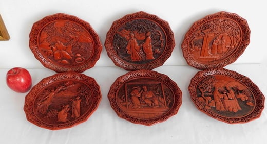 6 Chinese Lacquered Cinnabar Plates W/Brass Backings Vintage
