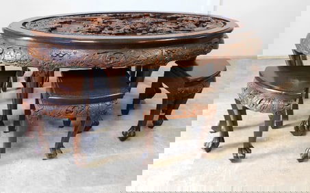 A Deeply Carved Chinese Oval Tea Table w/6 Stools and Glass Top