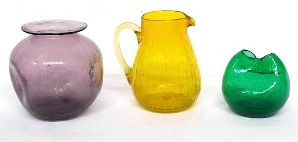 3pc Blenko Crackle Glass Mid-Century Lot in Vivid Colors