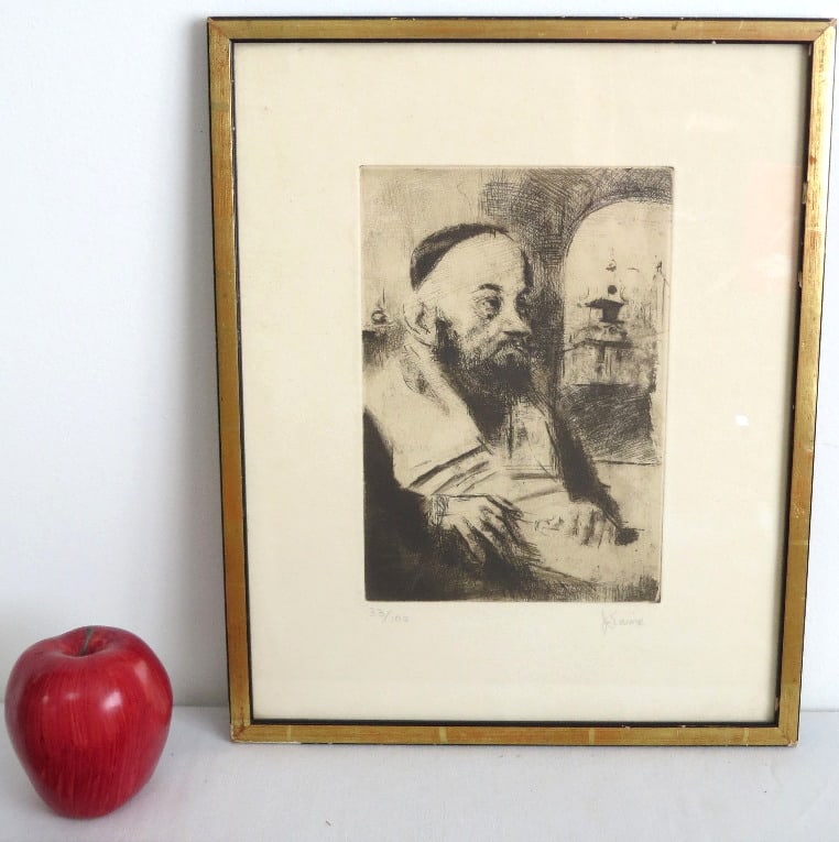 A Jack Levine (1915-2010) Etching of a Rabbi: A Jack Levine drypoint etching of a Rabbi like figure, numbered 33/100, measuring 14.5" x 11.75" framed. Note - This lot can be shipped in-house, you do not have to use the LiveShipping program.