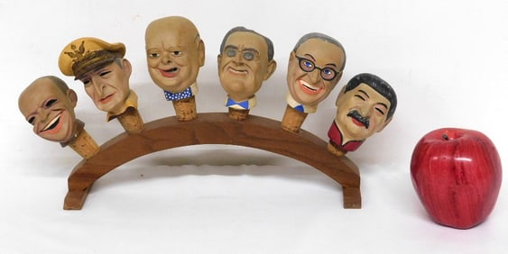 Set of 6 WWII Caricature Stoppers on Stand - Eisenhower, McCarthur, Churchill, Etc.