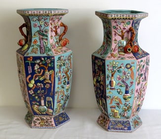 Matching Pair of Six Panel Asian Ceramic Floor Vases