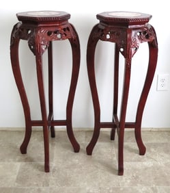 Two Asian Carved Rosewood Marble Topped Stands.