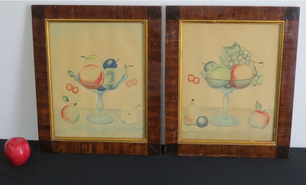 Pr. 19th Caroline Hurd Still Life W/C of Fruits In Grain Painted Frames (1 of 6)