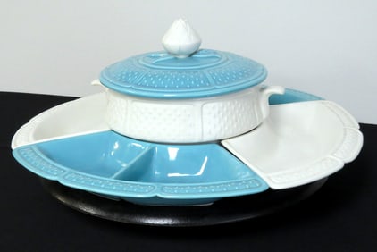 Mid-Century California Pottery Turquoise & White Lazy Susan 5 Part Serving Dish