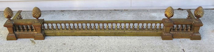 19th C. Ornate Brass Pineapple Finial and Rail Fireplace Fender