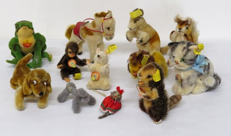 A Group of 10 vintage Steiff Animals - Frog, Bunny, Beaver, Donkey & More