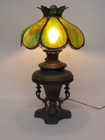 19th C. E. Miller & Co. Juno Green Slag Glass Parlor Lamp, Electrified