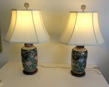 Matching Pair of Old Chinese Famille Noir Table Lamps