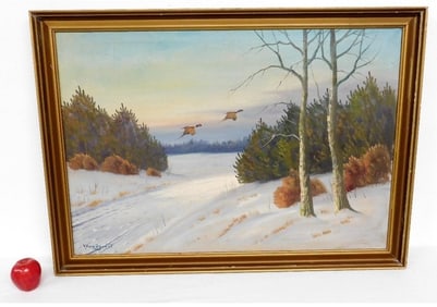 Early 20th C. O/C of Pheasants in Winter, Signed