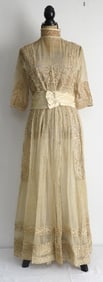 Antique Victorian Sheer Lace Tulle Dress Extensive Tambour Embroidery.