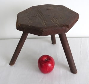 A Primitive Octagon Seat Three Legged Milking Stool In Old Paint