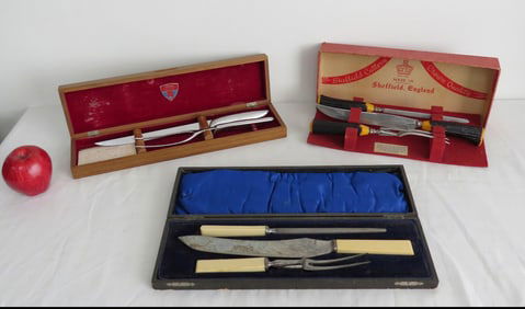 3 Boxed Carving Sets Early 20th C. to MCM era. English & American.