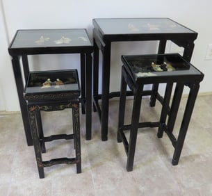 Set of 4 Chinese Black Lacquerware Painted Nesting Tables