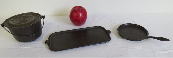 3pcs 19th C. Child Size Cast Iron Cookware - Skillet, Griddle & Kettle w/lid